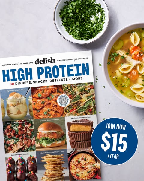 This image ad for Delish promotes their high-protein recipe magazine and offers a discounted annual subscription rate.