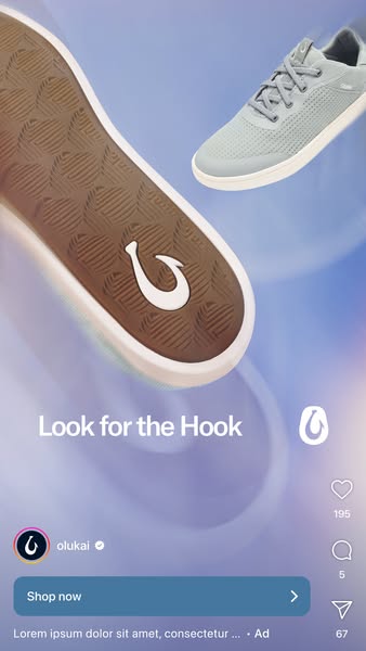An ad promoting OluKai shoes, featuring a close-up view of one shoe's sole and another shoe floating in the backgrou