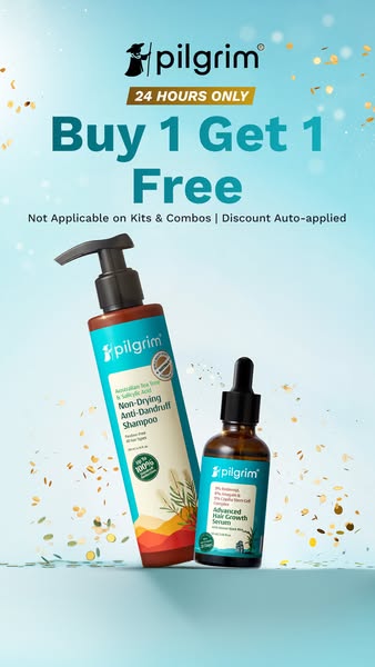 An ad promoting Pilgrim's anti-dandruff shampoo and hair growth serum. The ad highlights a limited-time buy-one-get-