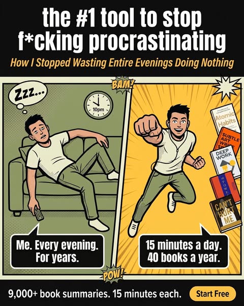 This comic-style ad illustrates how a user can overcome procrastination by using the advertised service. The first panel