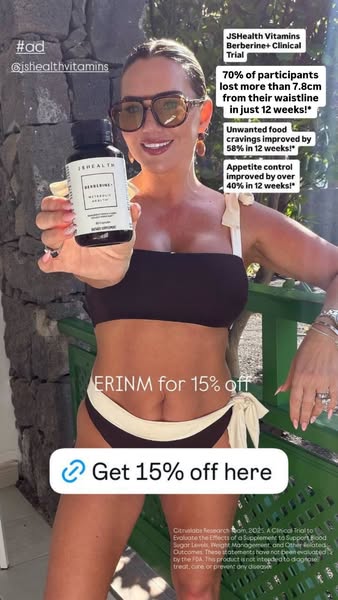 This image ad by JSHealth Vitamins features a woman in a bikini holding the product, JSHealth Vitamins Berberine, along 