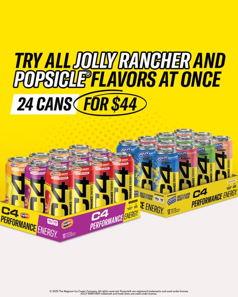 Ad showcasing C4 Performance Energy drink in Jolly Rancher and Popsicle flavors and promoting a 24-can purchase for $44.