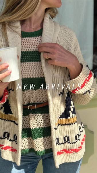 This image ad showcases a knit cardigan and sweater outfit as a new arrival.