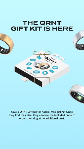 This ad promotes the QRNT gift kit, which allows the recipient to find their perfect ring size and then use the included