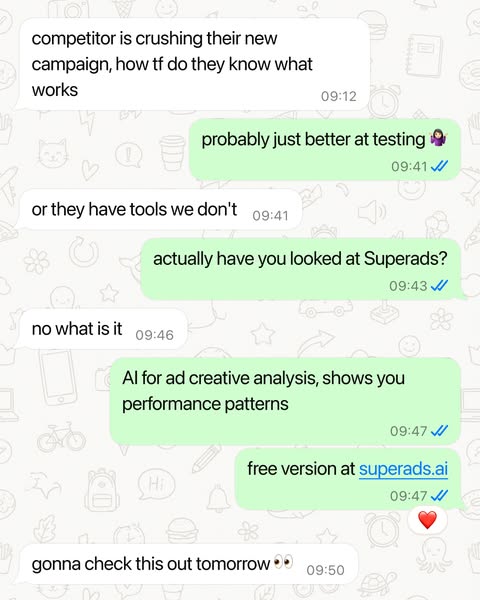 This ad uses a fake messenger app interface to promote Superads, which offers AI analysis for ad creative.