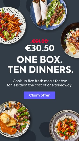This image ad promotes a meal kit service that provides five fresh meals for two people at a lower cost than a single ta