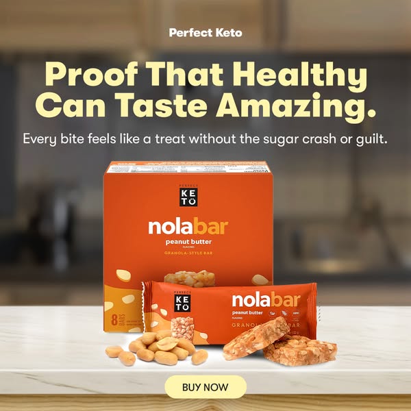 This image ad for Perfect Keto Nola Bar features the product packaging and a single bar on a countertop, along with text