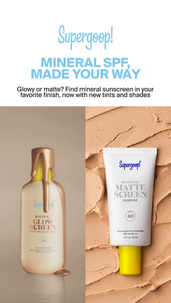 This Supergoop! image ad compares the glowy and matte mineral sunscreens and highlights the variety of tints and shades 