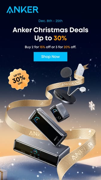 This ad promotes Anker's Christmas deals, offering discounts on multiple product purchases. The ad features a festiv