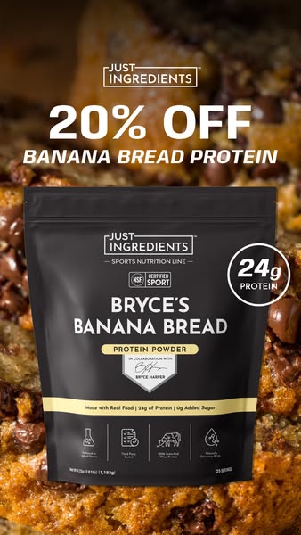 This image ad is promoting Just Ingredients Bryce's Banana Bread Protein Powder. It features the product packaging i