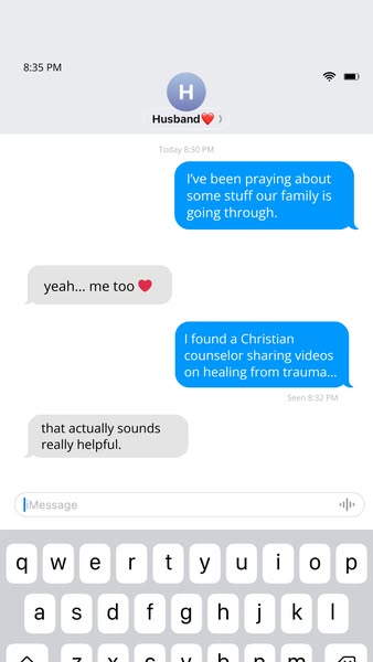 This ad features a screenshot of a text message exchange between a husband and wife who are seeking support for family i