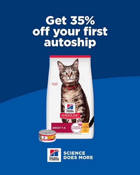 This image ad promotes Hill's Science Diet cat food with a discount on the first autoship order. The ad features a b