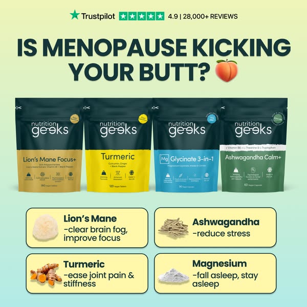 This image ad uses a bold question and humor to address the pain point of menopause. It then introduces four products fr