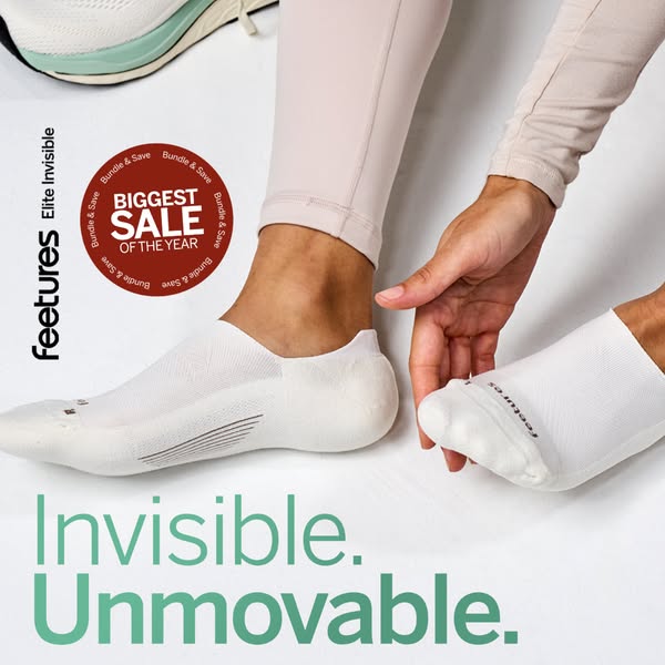 This ad showcases Feetures Elite Invisible socks. The socks are presented as 'invisible' and 'unmovable.'