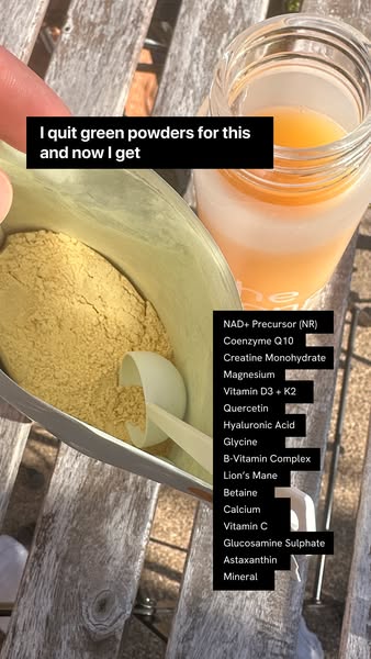 This ad promotes a supplement powder as an alternative to green powders, highlighting its comprehensive list of ingredie