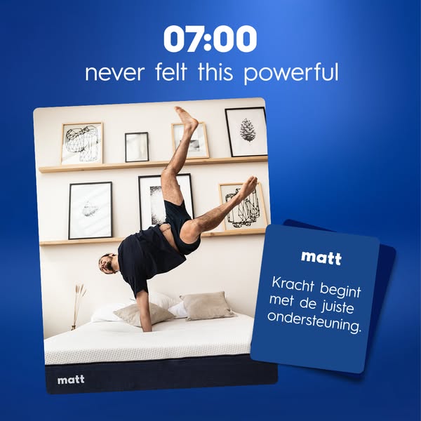 Image ad featuring a man doing a handstand on a Matt brand mattress. The ad highlights the mattress's support and po