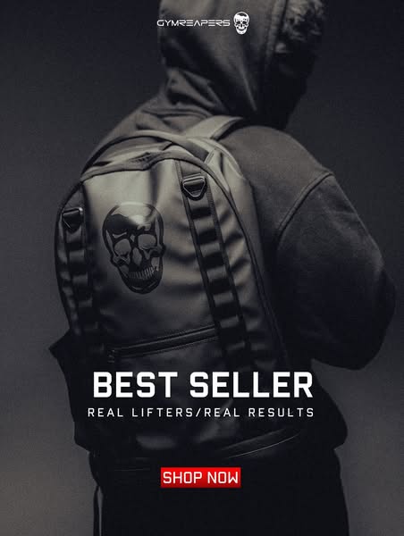 This Gymreapers ad showcases their best-selling backpack with a focus on its popularity among 'real lifters' to 