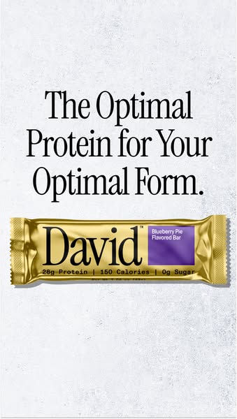 This ad features a protein bar from the brand David. The ad highlights the protein content, low calorie count, and zero 