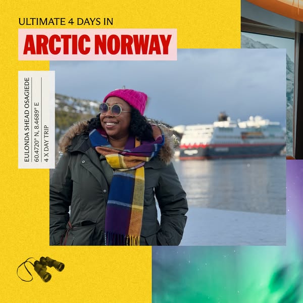 This travel ad promotes 4-day trips in arctic Norway and features a woman wearing a winter coat with a ship and arctic s