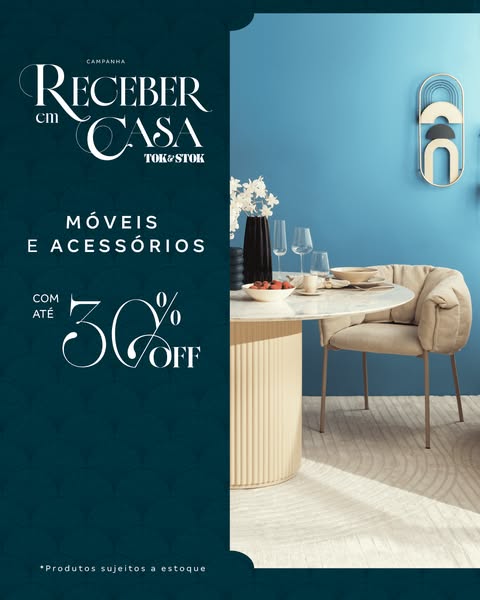 This image ad showcases a minimalist round table and upholstered chair set from Tok&Stok with an offer of up to 30%