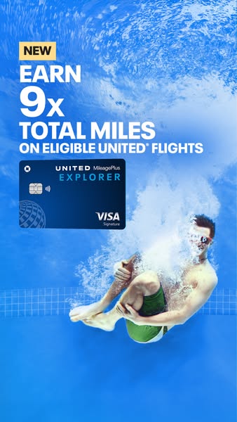 This ad promotes the United MileagePlus Explorer credit card, focusing on the benefit of earning 9x total miles on eligi