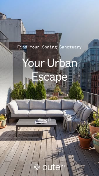 This image ad from Outer invites viewers to find their spring sanctuary with a patio set. A gray couch and table are sho