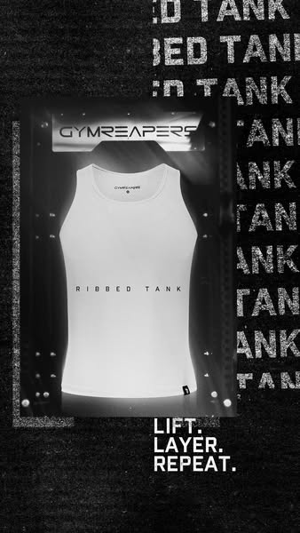 This black and white image ad for Gymreapers promotes their ribbed tank top. The tank top is centrally located in the im