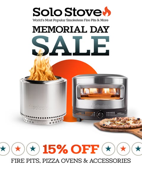 This image ad for Solo Stove promotes a Memorial Day sale with 15% off of fire pits, pizza ovens, and accessories.