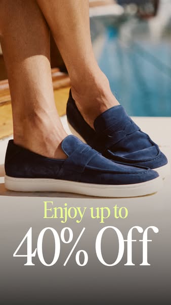 This ad features a hero shot of a pair of men's navy blue suede loafers worn by a model, presented next to a gradien