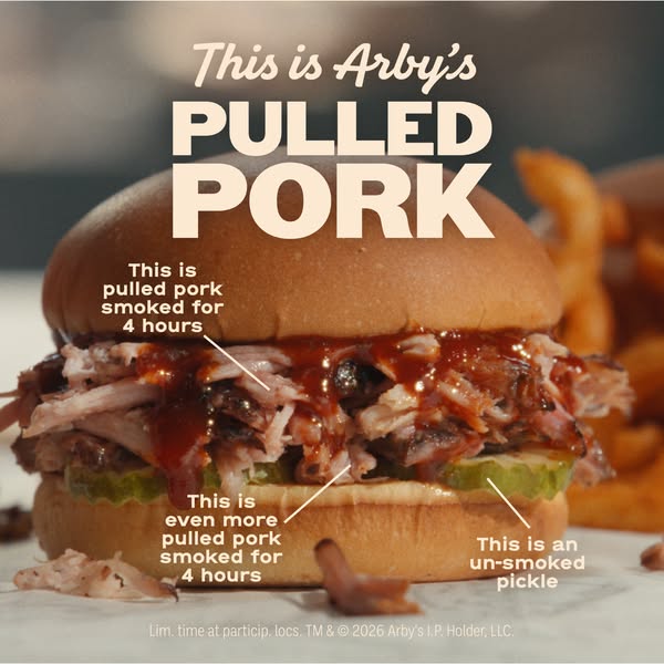 This Arby's ad showcases the pulled pork sandwich. The ad calls out specific features of the sandwich, such as the p