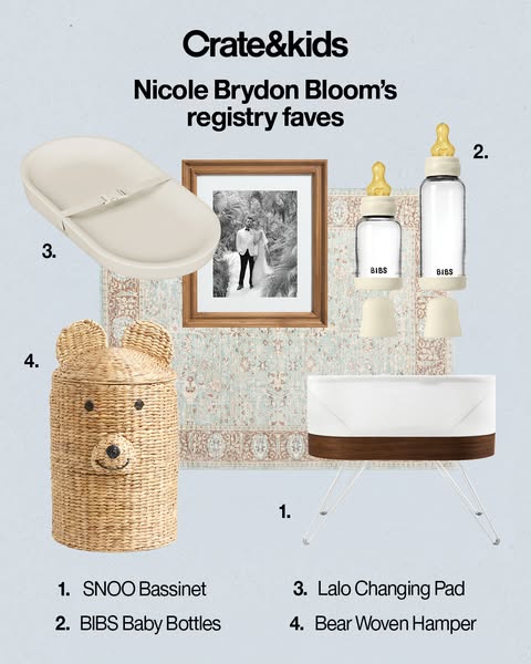 This ad showcases various baby registry items from Crate & Kids, curated by Nicole Brydon Bloom.