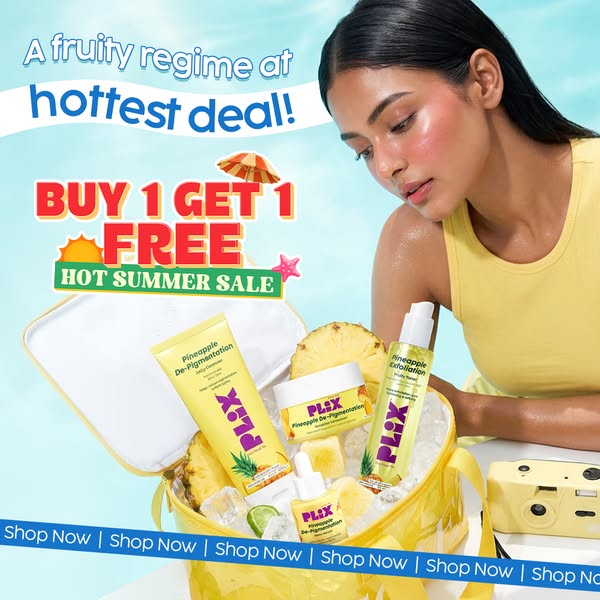 This ad promotes Plix's Pineapple De-Pigmentation skincare products with a buy-one-get-one-free offer. The image fea