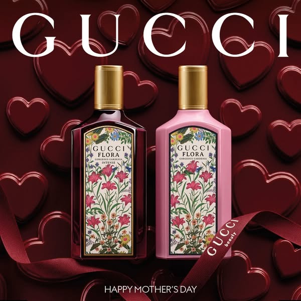 This ad for Gucci features two different bottles of the Gucci Flora Gorgeous Gardenia perfume with a Valentine's-the