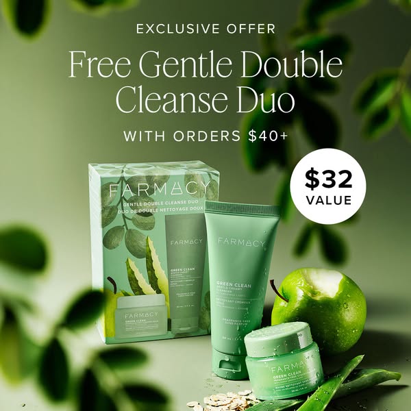 This image ad promotes the Farmacy Gentle Double Cleanse Duo. It highlights an exclusive offer for a free duo with order