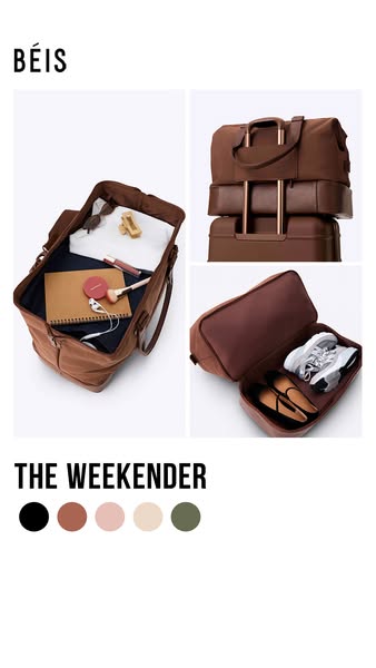 An image ad for BÉIS 'The Weekender' bag featuring 3 product shots and color options.