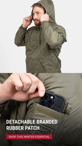 This ad showcases a hooded quilted jacket, emphasizing its detachable branded rubber patch and positioning it as a winte