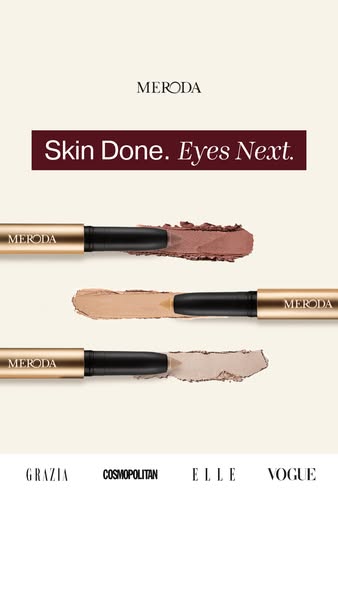 This image ad for MERODA features three eye makeup pencils alongside swatches of the makeup on a cream background. The a