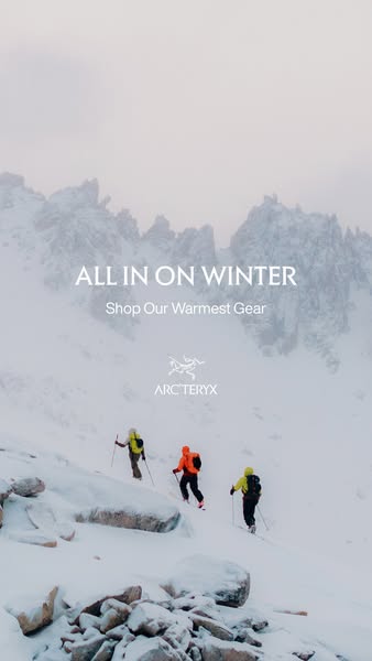This image ad for Arc'teryx features three people skiing up a snowy mountain. The ad encourages viewers to shop the 