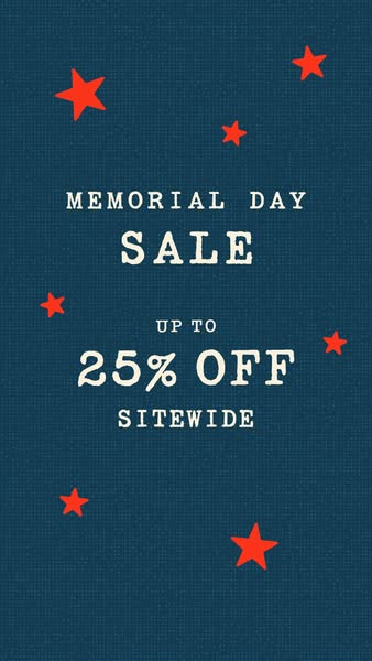 A simple ad announcing a sitewide sale for Memorial Day with a maximum discount of 25%.