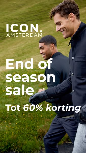 This image ad for ICON. AMSTERDAM promotes an end-of-season sale with up to 60% off. The ad features two men walking out