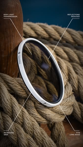 This ad features a lens filter, highlighting increased grip, high light transmission, reduced reflections, and lens hood