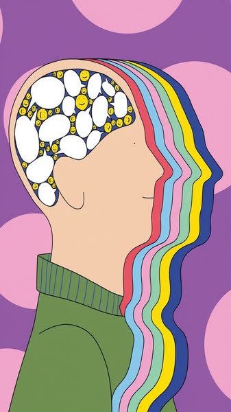 A digital art piece that depicts a person's head in profile, with the brain area filled with speech bubbles and smil