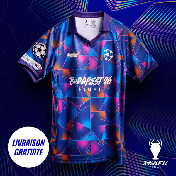 Ad showcasing the official soccer jersey for the 2026 UEFA Champions League final in Budapest. The jersey features a uni