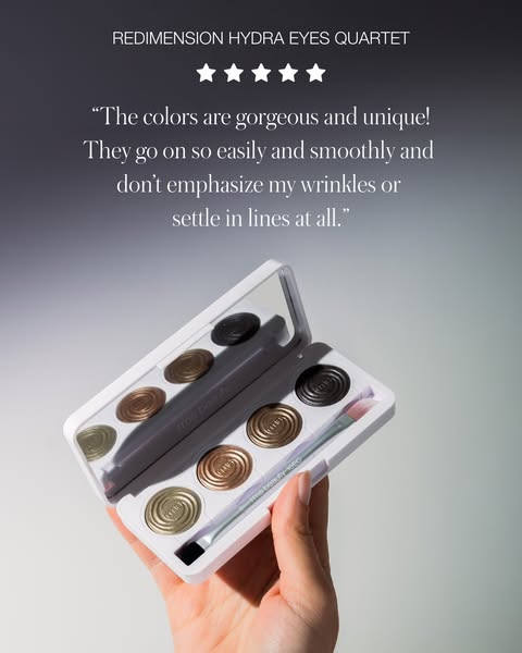 This ad promotes the REDIMENSION HYDRA EYES QUARTET eyeshadow palette using a customer testimonial about the quality of 