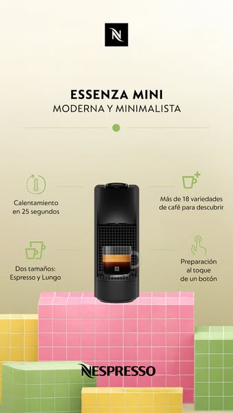 This ad highlights the Nespresso Essenza Mini coffee machine, focusing on its compact size, modern design, and ease of u