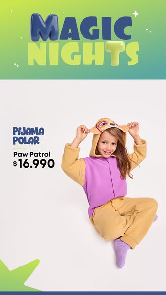 This ad features a young girl wearing a Paw Patrol themed pajama set. The ad is for 'Magic Nights' and highlight