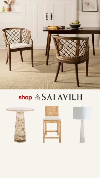 This image ad showcases Safavieh furniture in a neutral, modern setting. The top half of the ad displays two chairs at a