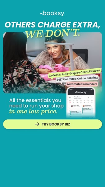 This image ad for Booksy Biz highlights the features and benefits of the app for business owners, emphasizing that it is