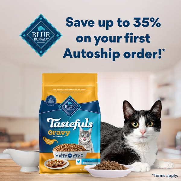 This ad for Blue Buffalo cat food advertises Tastefuls Gravy cat food and offers up to 35% off the first autoship order.