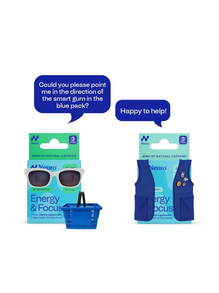 This ad displays two Neuro gum packages, one with sunglasses and a tiny shopping basket in front of it, and the other wi